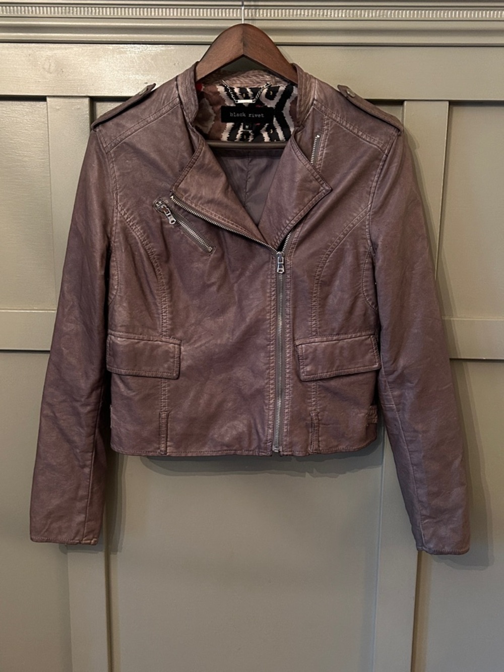 Black Rivet Faux Leather Moto Jacket Brown Asymmetric Zip Size Medium
